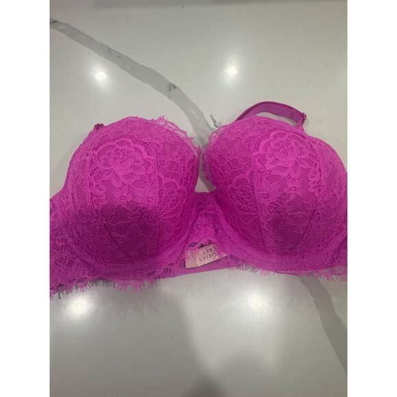 Victorias Secret Pink Lace Lightly Lined Push-Up Bra 32DD Adjustable Straps & Ho - Picture 1 of 6